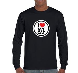 I Love My Cat Heart Retro Tee Shirt Round Feline Pet Long Sleeve Black T-Shirt