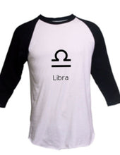 Load image into Gallery viewer, Libra 3/4 Sleeve  Raglan T-Shirt Horoscope Birthday gift Scales Air Sign Zodiac
