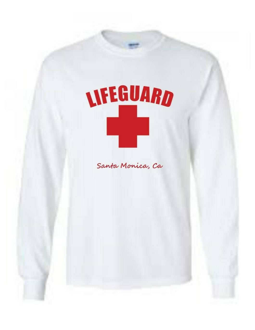 LIFEGUARD Santa Monica Beach California So Cal Red WHITE LONG SLEEVE T-SHIRT