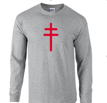 Load image into Gallery viewer, Red Cross of Lorraine Knights Templar T-Shirt Gray Long Sleeve Christian Shirt
