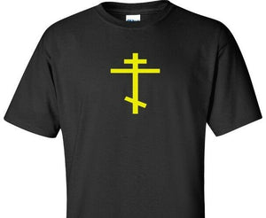 Yellow Russian Orthodox Cross T-Shirt Christian Holy Jesus Black Shirt S-5XL