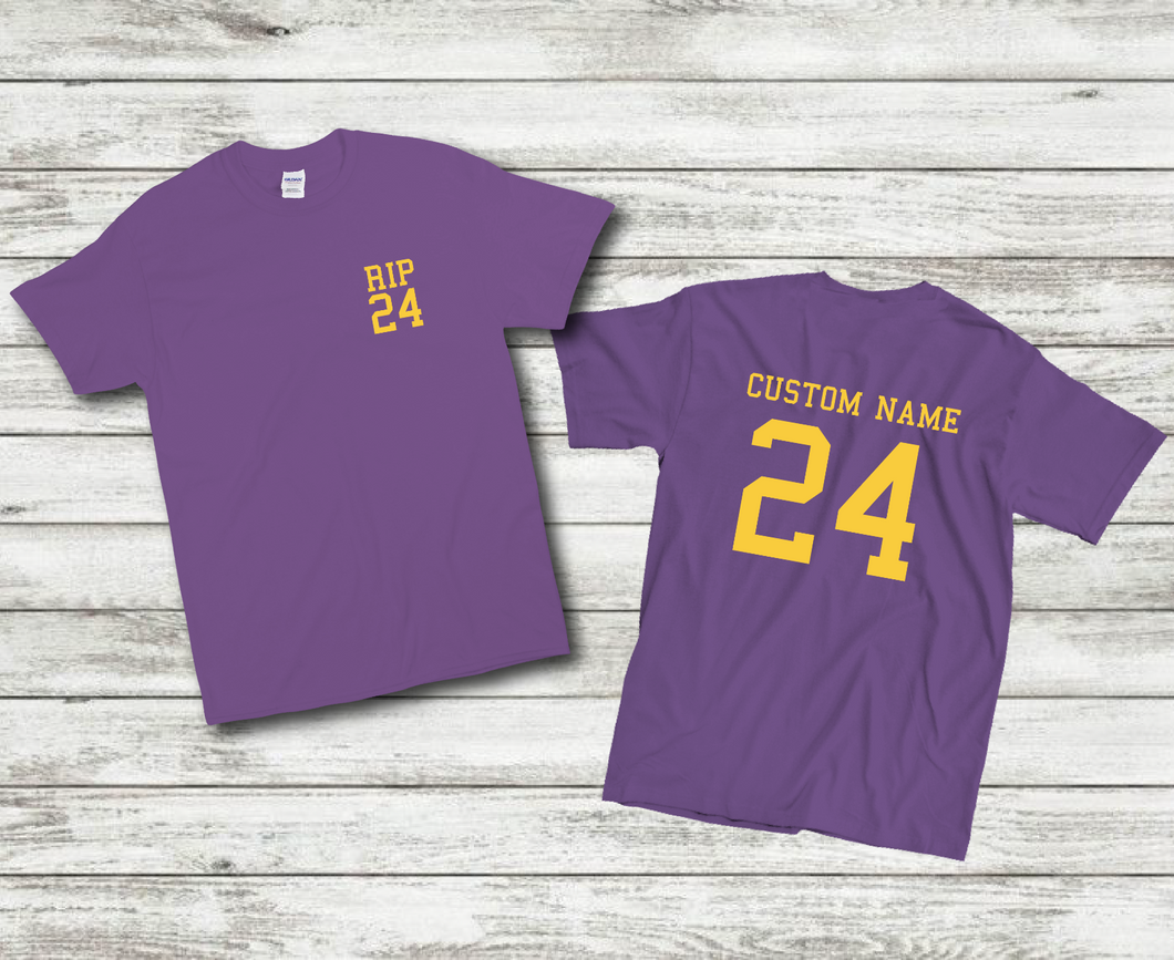 Basketball RIP 24 FRONT BACK CUSTOM NAME Jersey PURPLE GOLD Mens Cotton T-Shirt