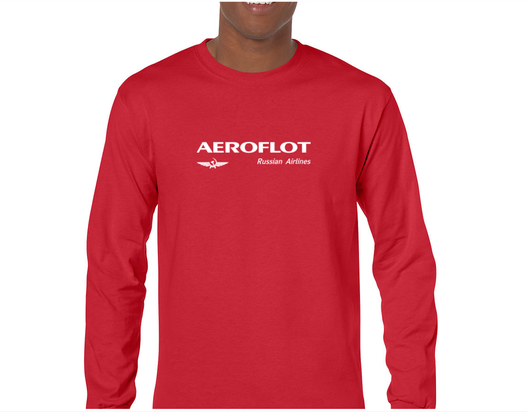 Aeroflot Retro White Logo Russian Tee Shirt Airline Aviation Red Long Sleeve