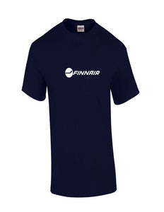 Finnair White Retro Logo Finland Finnish Airline Navy Blue Cotton T-Shirt