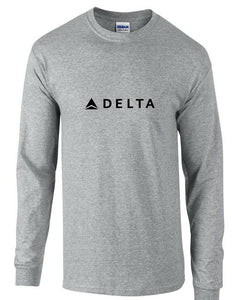 Delta Airlines Black Logo US Aviation Cotton Sport Gray Long Sleeve T-Shirt