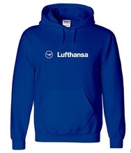 Load image into Gallery viewer, Lufthansa White Logo Fly German Airline Europe Blue Retro Hooded Sweatshirt
