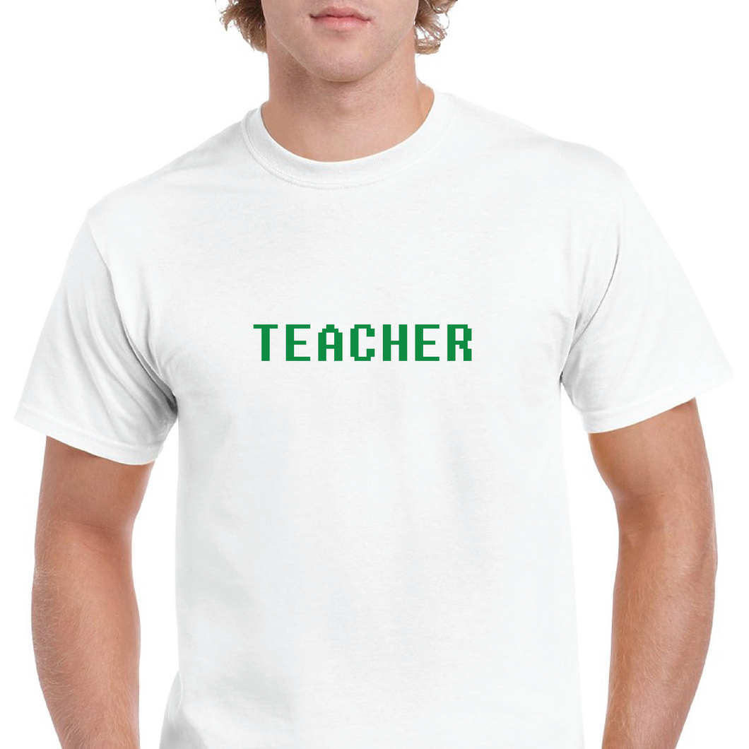 Teacher Gift Retro Computer Font White Green Solid Cotton T-Shirt S-5XL