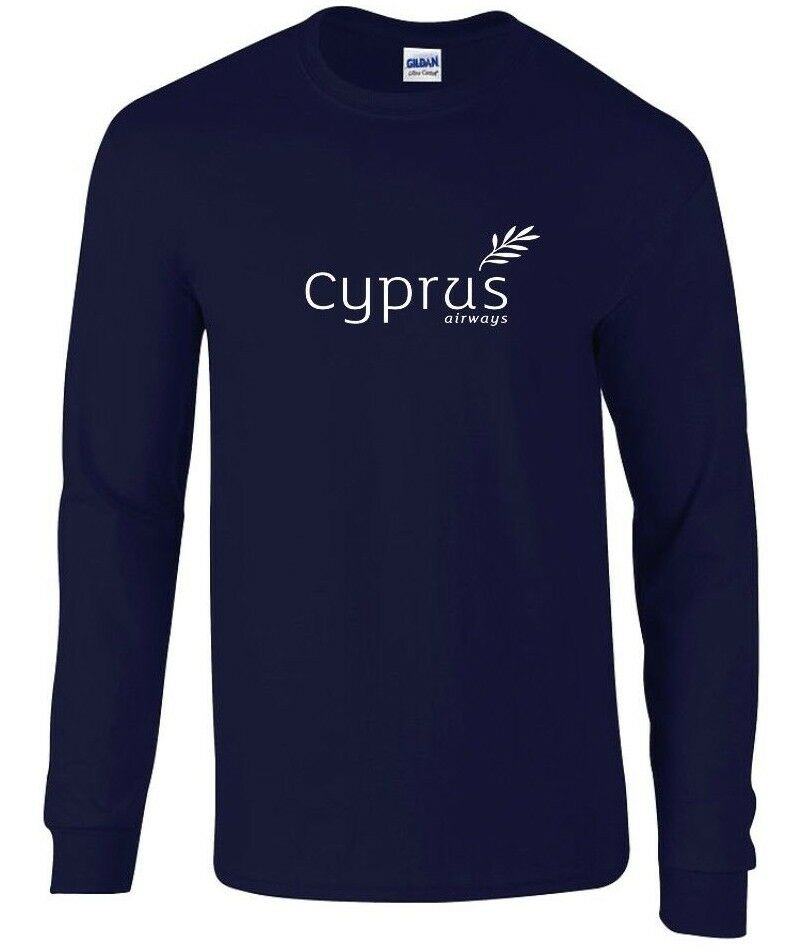 Cyprus Airways White Logo Airline Navy Blue Cotton Long Sleeve T-shirt