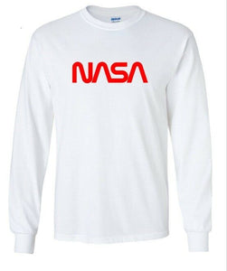 NASA Vintage Space Agency T-Shirt Cotton White Shirt Red Logo Long Sleeve