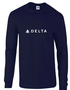 Delta Airlines White Logo US Aviation Cotton Navy Blue Long Sleeve T-Shirt