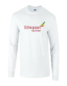 Ethiopian Airlines Red Green Yellow Logo White Cotton Long Sleeve T-shirt