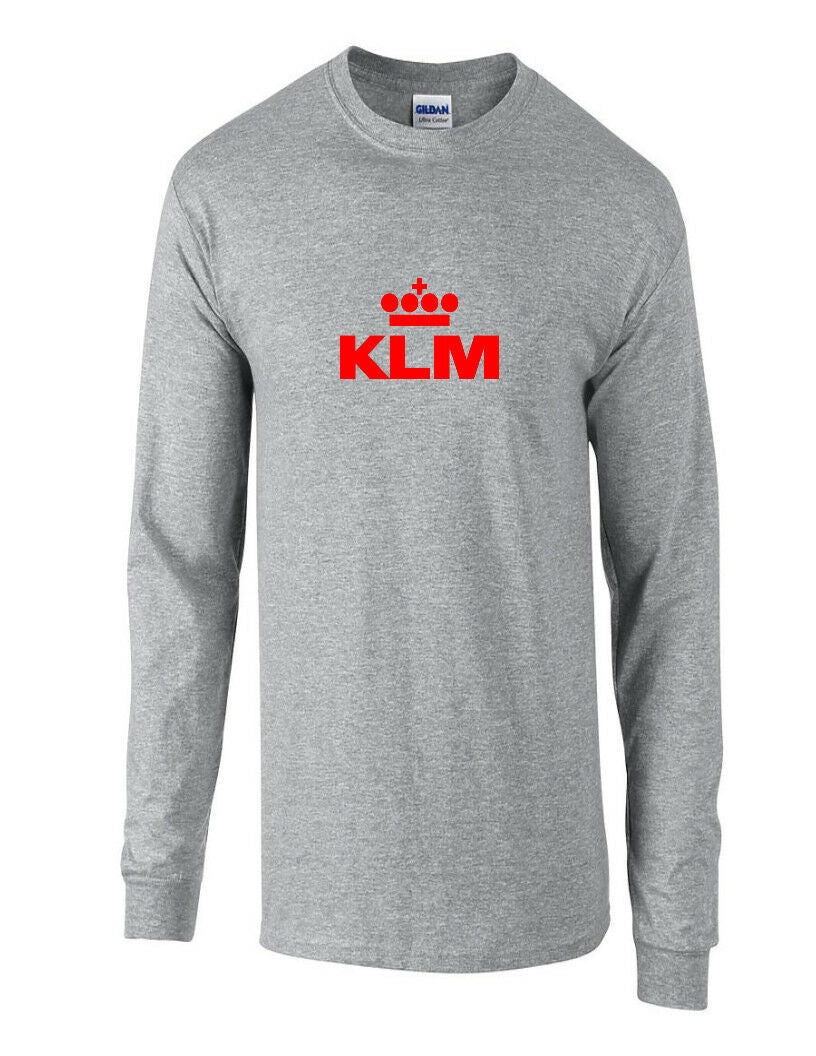 KLM Red Retro Logo Shirt Dutch Royal Airline Sport Gray Long Sleeve T-shirt