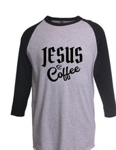 Load image into Gallery viewer, Jesus and Coffee 3/4 Sleeve Raglan Cute Religious Caffeine God Lover Gift Tee
