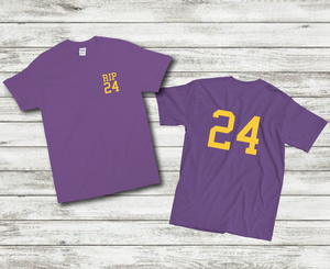 Basketball RIP 24 FRONT BACK CUSTOM NAME Jersey PURPLE GOLD Mens Cotton T-Shirt