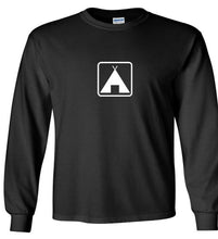 Load image into Gallery viewer, Camping Icon Symbol White Logo Outdoors Hunting Cotton Black Long Sleeve T-Shirt
