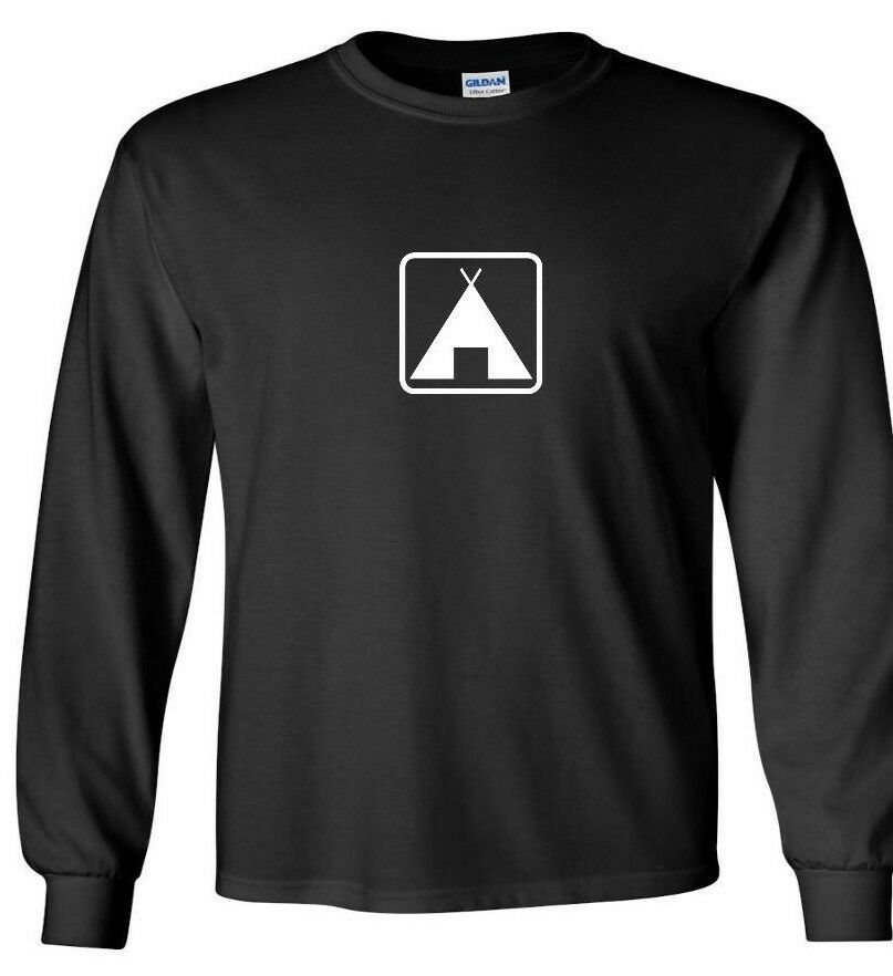 Camping Icon Symbol White Logo Outdoors Hunting Cotton Black Long Sleeve T-Shirt