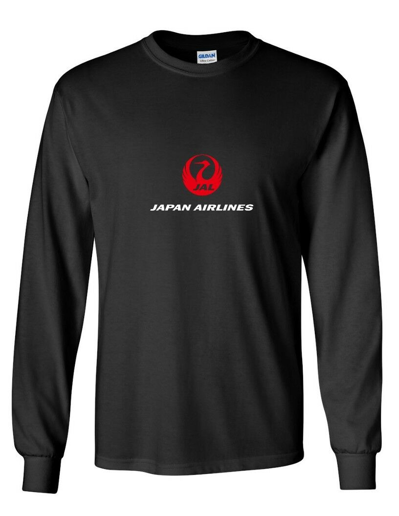 Japan Air Red White Logo Japanese Airline Black Cotton Long Sleeve T-shirt