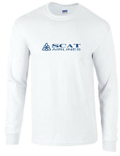 Load image into Gallery viewer, Scat Airlines Blue Logo Kazakhstan Aviation White Long Sleeve T-Shirt
