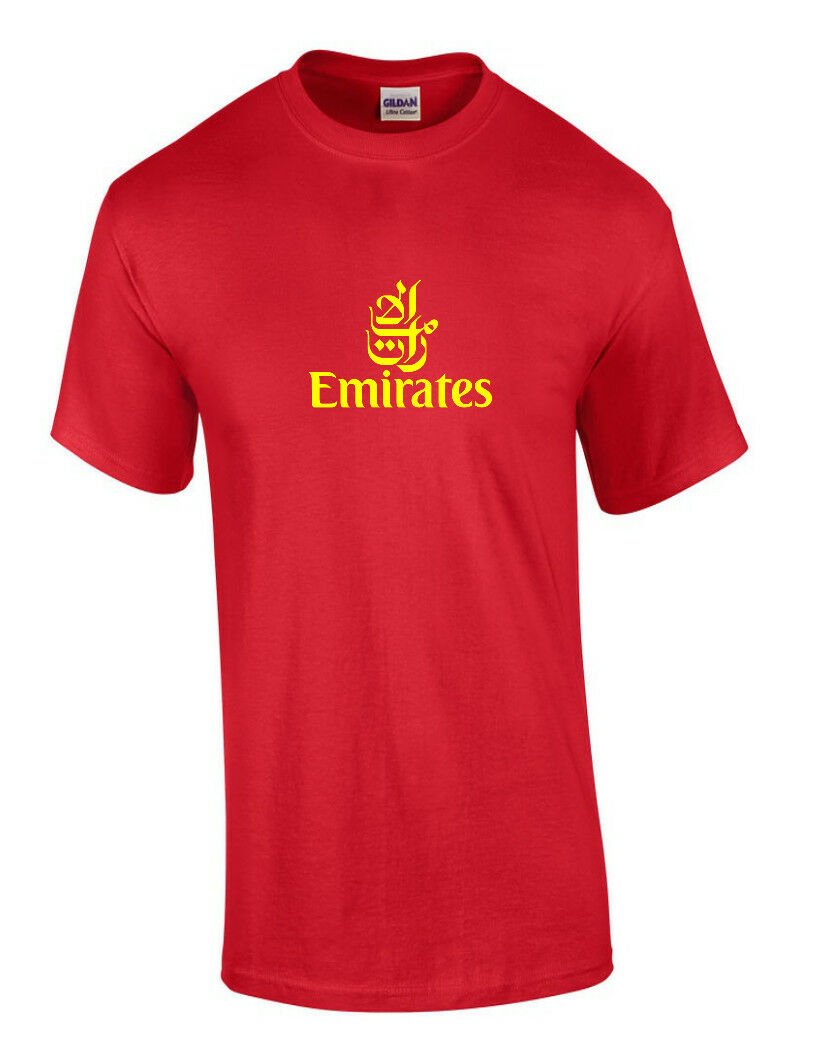 Emirates Yellow Vintage Logo Shirt Emirati Airline Aviation Red Cotton T-Shirt