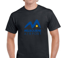 Load image into Gallery viewer, Melbourne Airport Logo Tee Shirt Blue yellow Air Travel Souvenir Black Shirt
