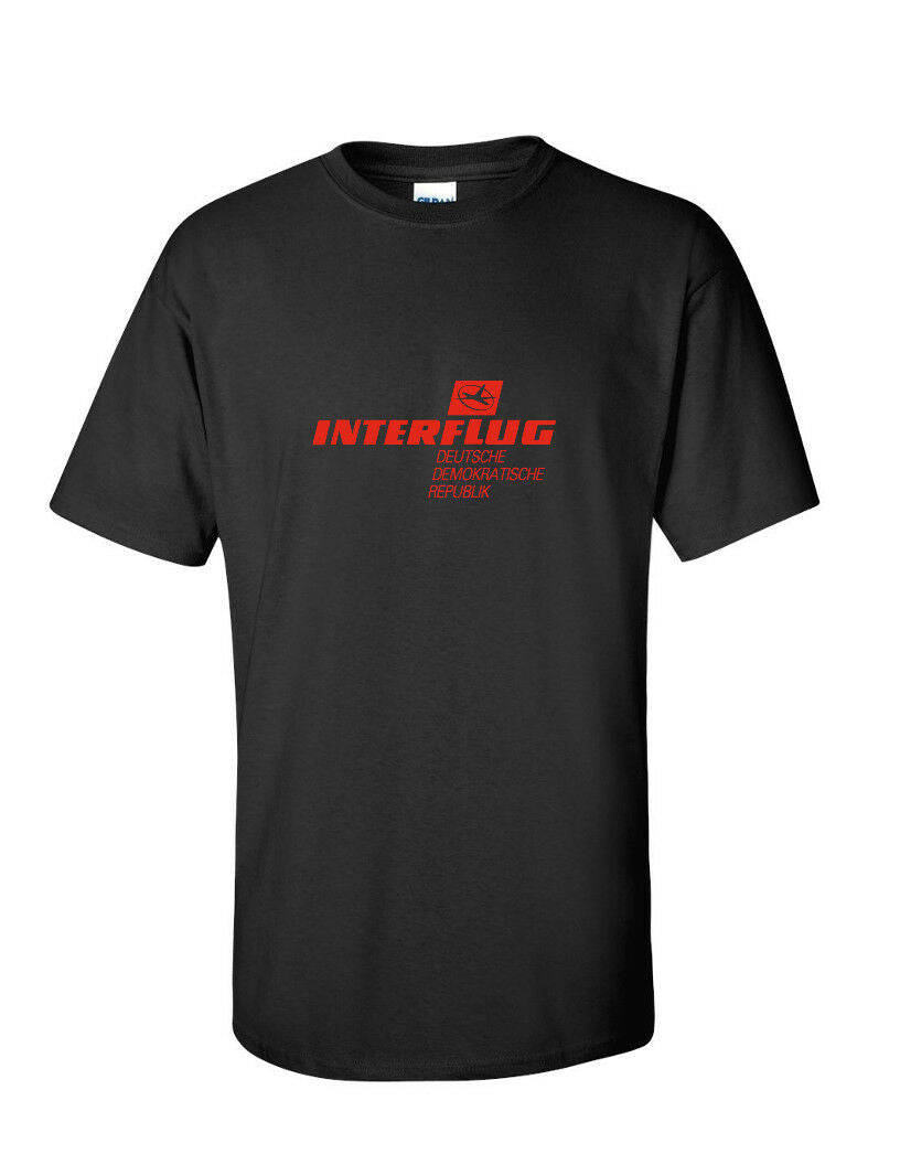 Interflug Red Vintage Logo German Airline Black Cotton T-Shirt