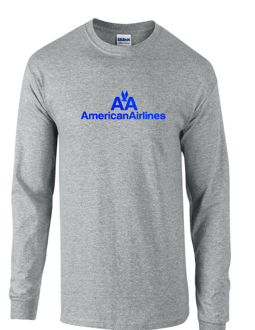American Airlines Blue Logo Shirt US Airline Sport Gray Long Sleeve T-Shirt