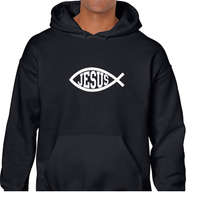 Load image into Gallery viewer, Jesus Fish Christian Text in Symbol Hooded Black Sweatshirt Faith Religion S-5XL
