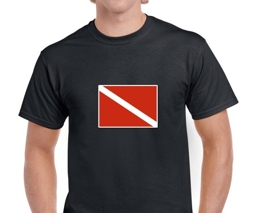 Dive Flag Scuba Red White Logo Diving Water Ocean Beach Black Tee Shirt