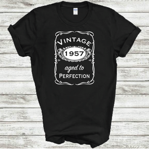 Vintage 1957 Aged To Perfection Funny Birthday Year Whiskey Logo Black Cotton T-shirt
