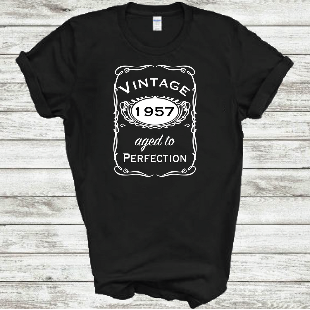 Vintage 1957 Aged To Perfection Funny Birthday Year Whiskey Logo Black Cotton T-shirt