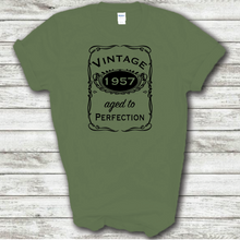 Load image into Gallery viewer, Vintage 1957 Aged To Perfection Funny Birthday Year Whiskey Logo Military Green Cotton T-shirt
