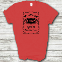Load image into Gallery viewer, Vintage 1957 Aged To Perfection Funny Birthday Year Whiskey Logo Red Cotton T-shirt
