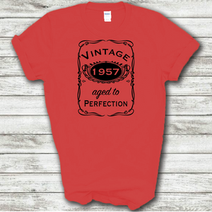 Vintage 1957 Aged To Perfection Funny Birthday Year Whiskey Logo Red Cotton T-shirt