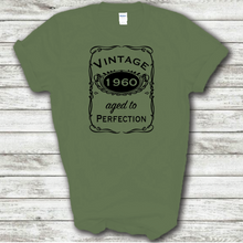 Load image into Gallery viewer, Vintage 1960 Aged To Perfection Funny Birthday Year Whiskey Logo Military Green Cotton T-shirt

