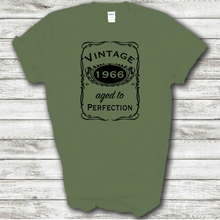 Load image into Gallery viewer, Vintage 1966 Aged To Perfection Funny Birthday Year Whiskey Logo Military Green Cotton T-shirt
