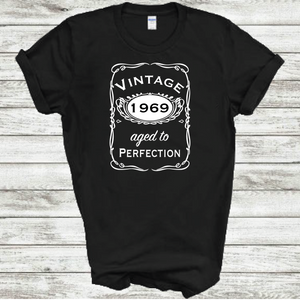 Vintage 1969 Aged To Perfection Funny Birthday Year Whiskey Logo Black Cotton T-shirt