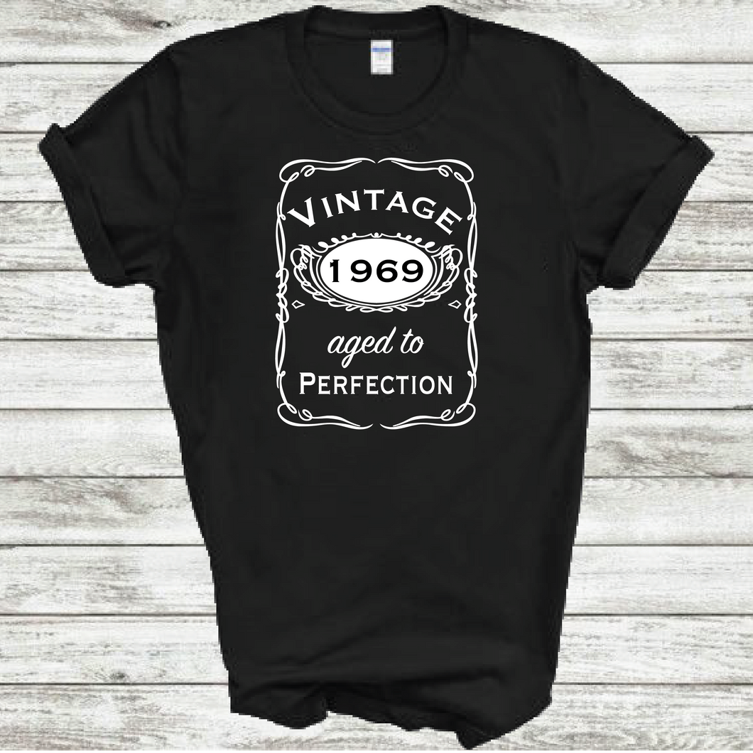 Vintage 1969 Aged To Perfection Funny Birthday Year Whiskey Logo Black Cotton T-shirt