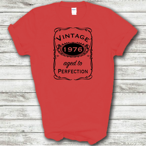 Vintage 1976 Aged To Perfection Funny Birthday Year Whiskey Logo Red Cotton T-shirt
