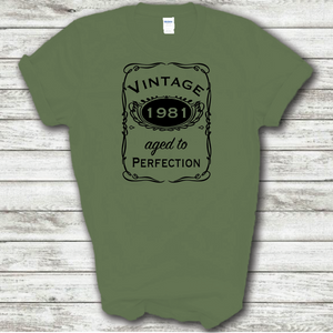 Vintage 1981 Aged To Perfection Funny Birthday Year Whiskey Logo Military Green Cotton T-shirt