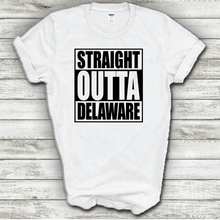 Load image into Gallery viewer, Straight Outta Delaware Straight Funny Hometown Locals Only Outta Compton Parody White Cotton T-Shirt
