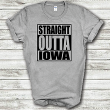 Load image into Gallery viewer, Straight Outta Iowa Funny Hometown Locals Only Straight Outta Compton Parody grey Cotton T-Shirt
