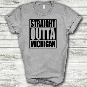 Straight Outta Michigan Funny Hometown Locals Only Straight Outta Compton Parody Grey Cotton T-Shirt