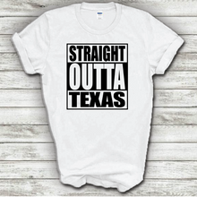 Load image into Gallery viewer, Straight Outta Texas Funny Hometown Locals Only Straight Outta Compton Parody White Cotton T-Shirt
