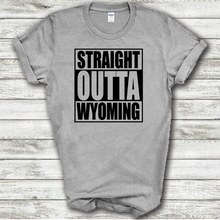 Load image into Gallery viewer, Straight Outta Wyoming Funny Hometown Locals Only Straight Outta Compton Parody Grey Cotton T-Shirt
