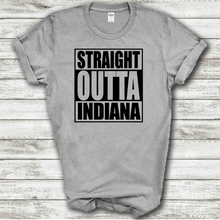 Load image into Gallery viewer, Straight Outta Indiana Funny Hometown Locals Only Straight Outta Compton Parody grey Cotton T-Shirt
