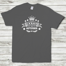 Load image into Gallery viewer, Kings Are Born In September Funny Birthday Gift Short Sleeve Mens Charcoal Grey Cotton T-Shirt
