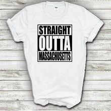 Load image into Gallery viewer, Straight Outta Massachusetts Funny Hometown Locals Only Straight Outta Compton Parody White Cotton T-Shirt

