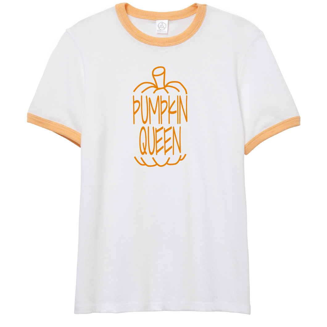 Pumpkin Queen I Love Fall And Halloween Funny Cotton Ringer yellow and orange  T-shirt