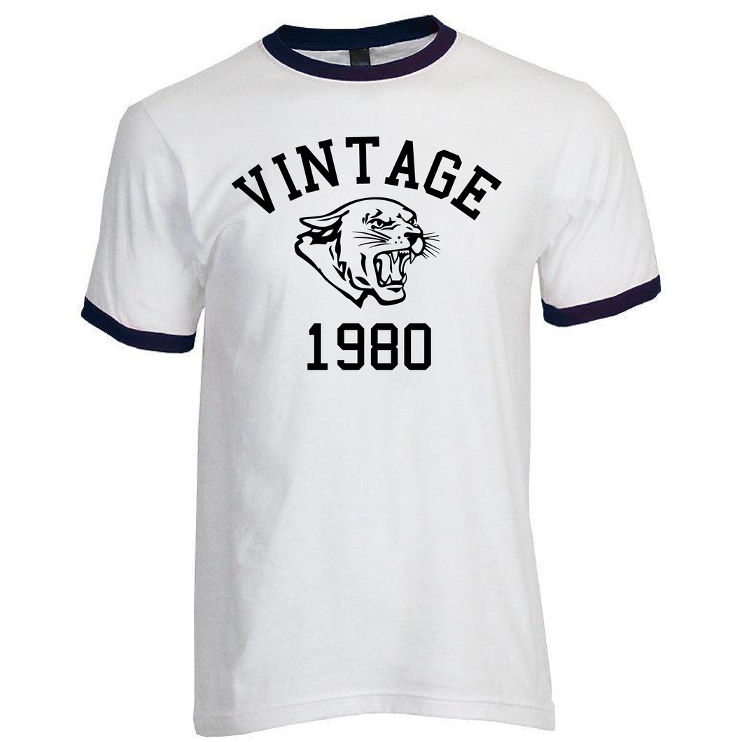 Vintage 1980 Cougars Cougar Head Jersey Style Short Sleeve Ringer White and navy Cotton T-Shirt