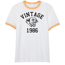Load image into Gallery viewer, Vintage 1986 Cougars Cougar Head Jersey Style Short Sleeve Yellow Ringer Cotton T-Shirt
